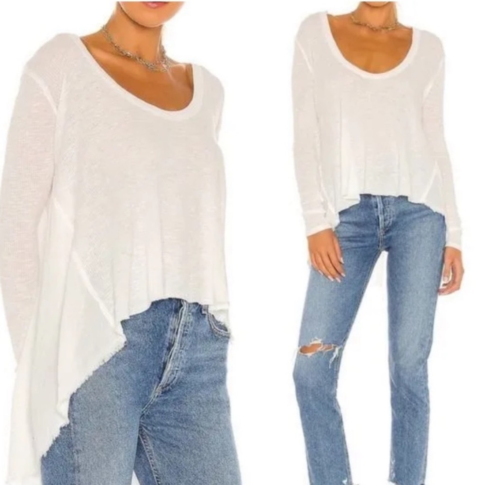 FREE PEOPLE High Low Raw Hem Ribbed Long Sleeve Top Shirt